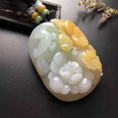 缅甸翡翠黄翡花开富贵挂件