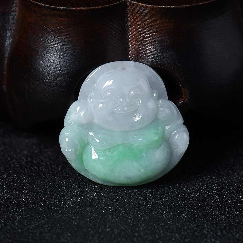糯种翡翠白底青笑佛