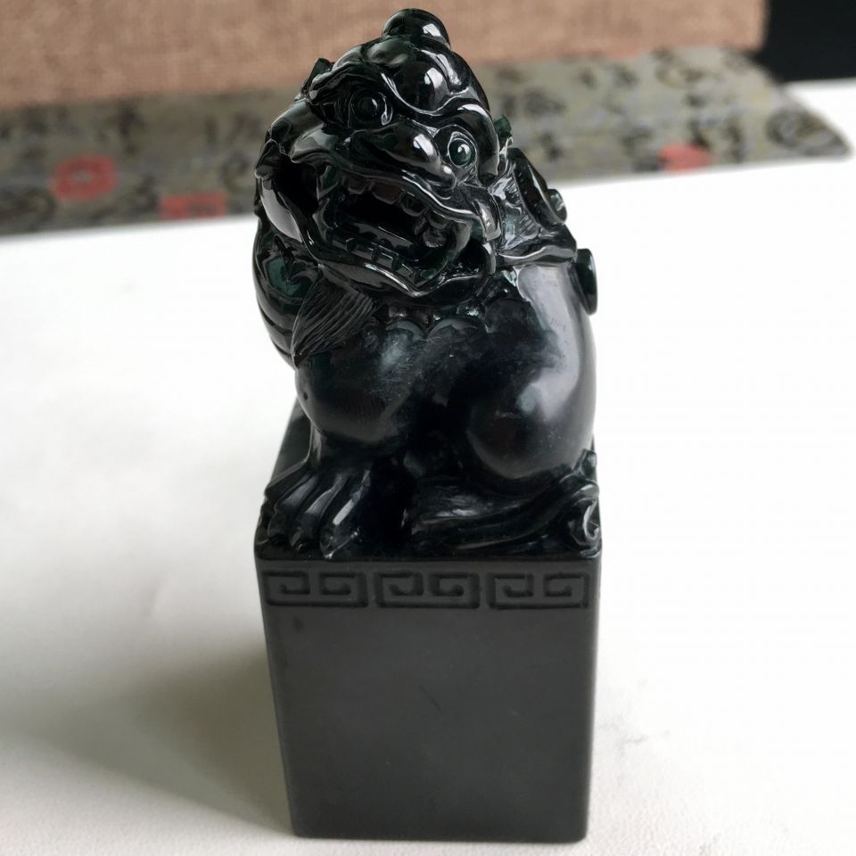 糯种墨翠貔貅印章/小摆件