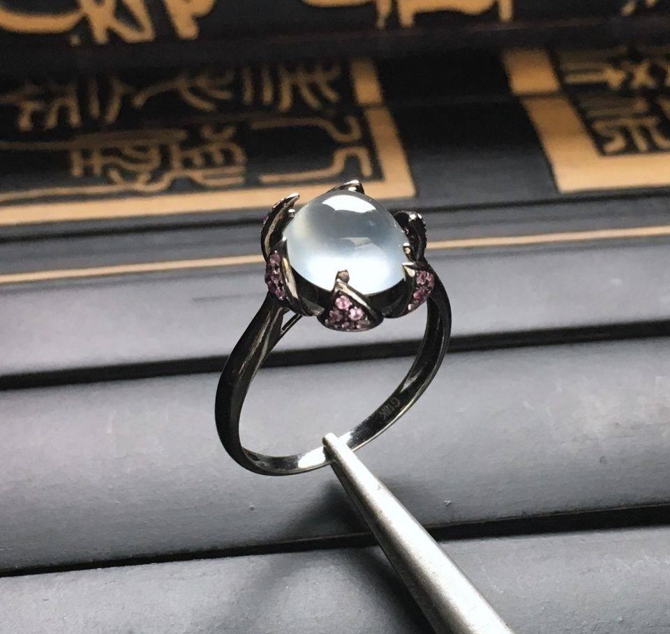 冰种白色镶18k金伴镶彩宝戒指/耳钉一套走第2张
