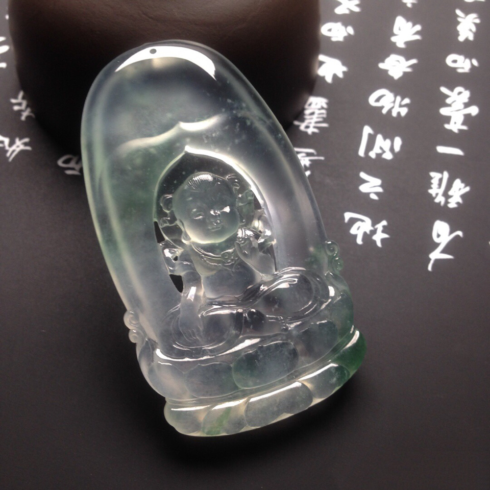冰种飘花莲花童子挂件翡翠
