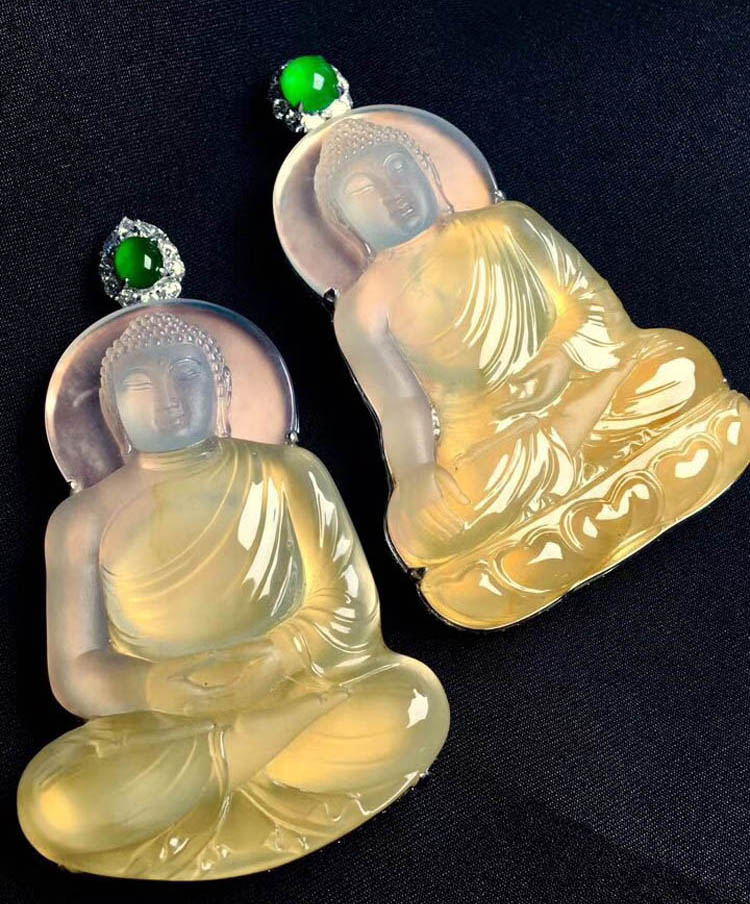 冰种黄翡佛祖吊坠一对
