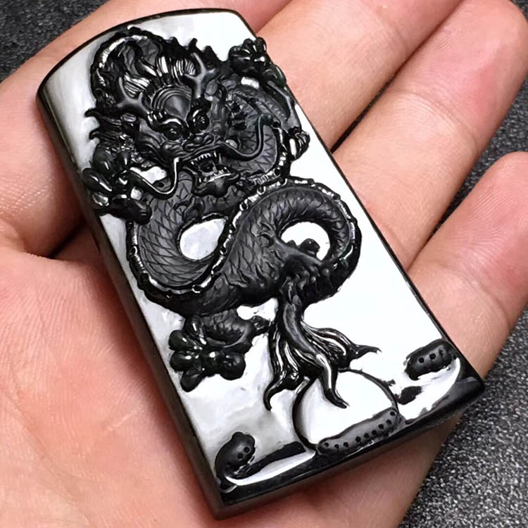冰种墨翠翡翠龙牌挂件