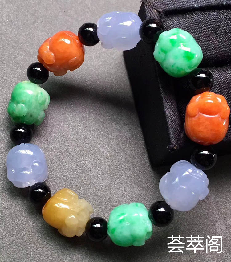 冰糯种五彩福猪翡翠手串