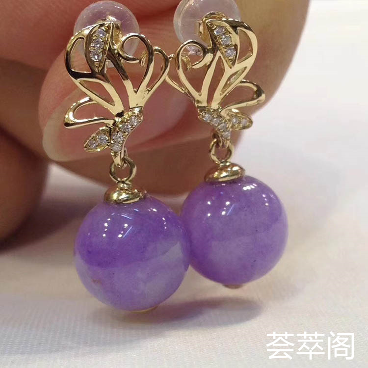 糯种紫罗兰圆珠翡翠耳钉