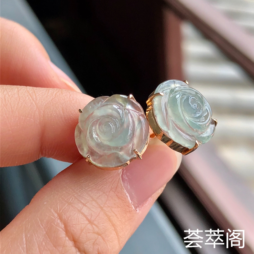 冰种晴水富贵花开翡翠耳钉 镶玫瑰金