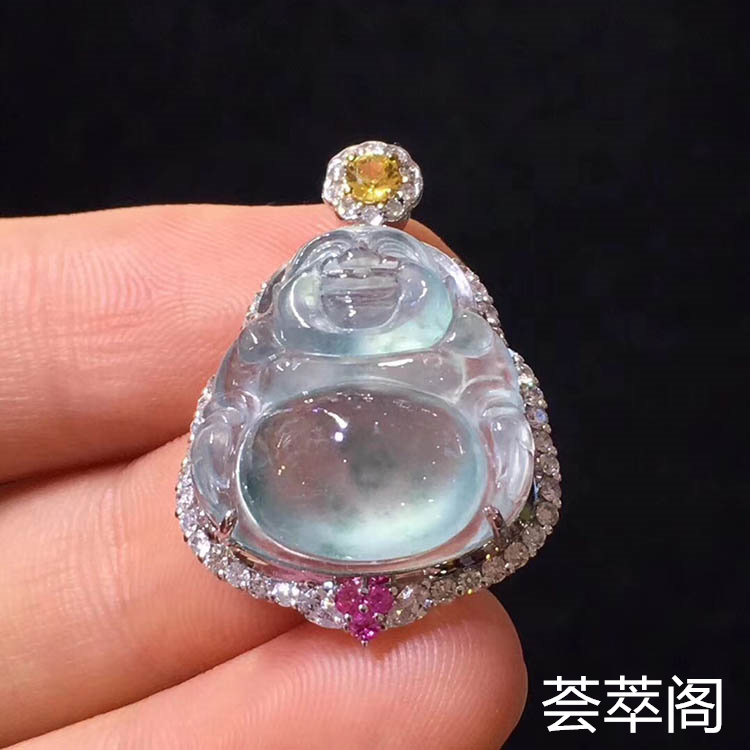 冰种飘花佛公翡翠吊坠