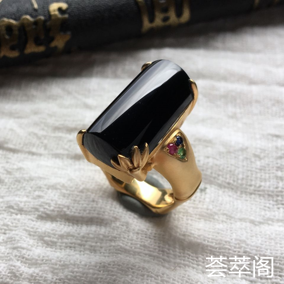 冰种墨翠翡翠男戒 镶黄18k金