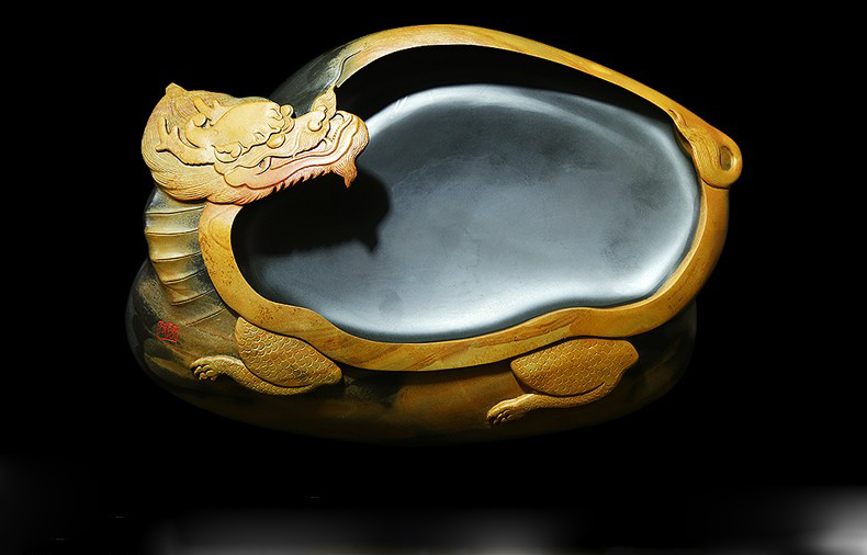 天然济源坑金晕原石歙砚龙龟砚台 30*20*8cm
