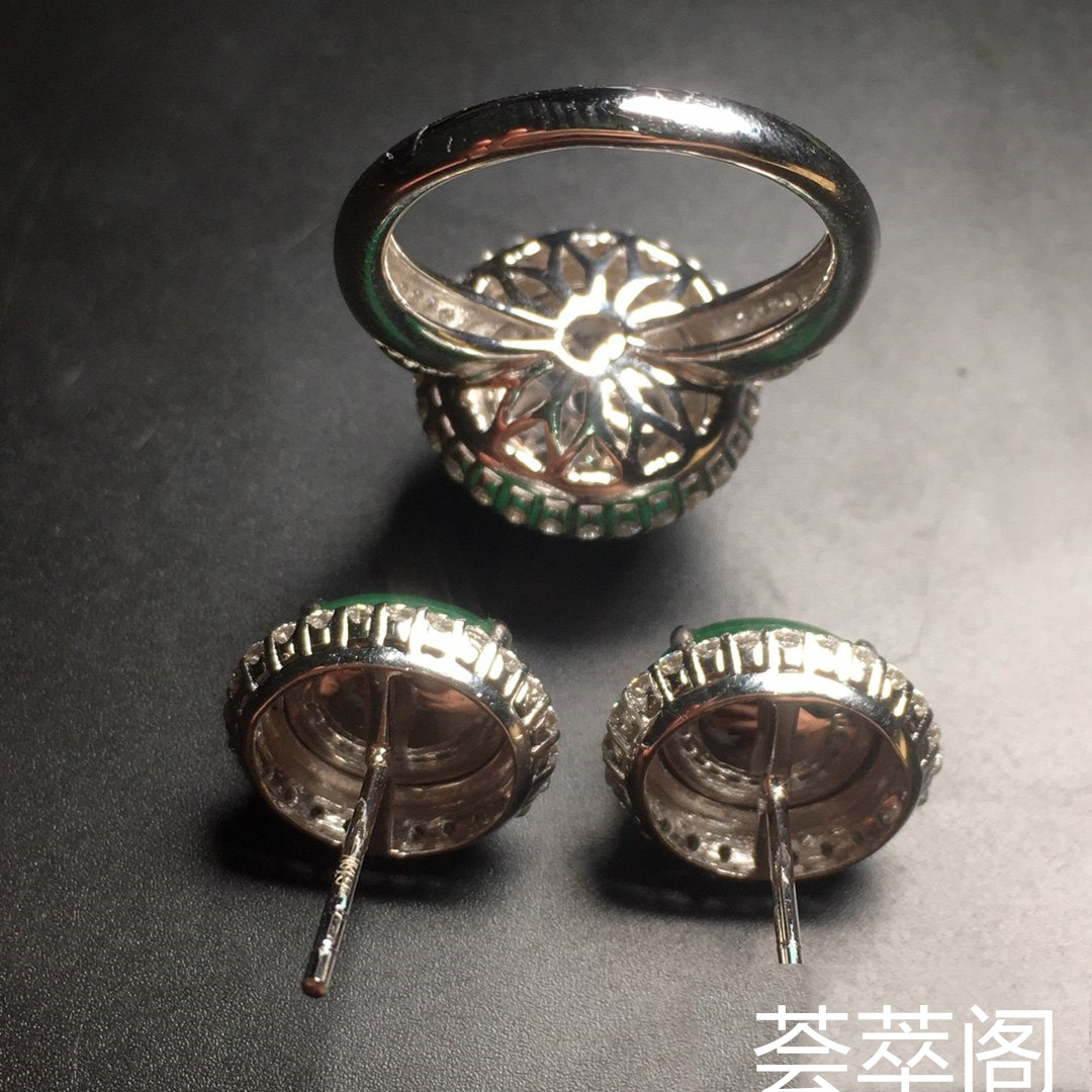 高冰阳绿大蛋面绿蛋套装，戒指+耳钉第6张