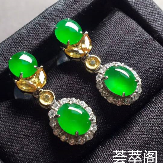 高冰种阳绿蛋面2合1耳坠，有种有色